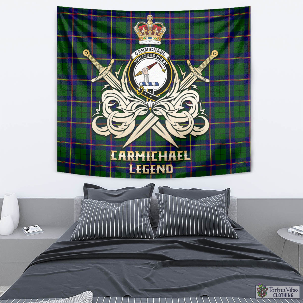 Tartan Vibes Clothing Carmichael Modern Tartan Tapestry with Clan Crest and the Golden Sword of Courageous Legacy