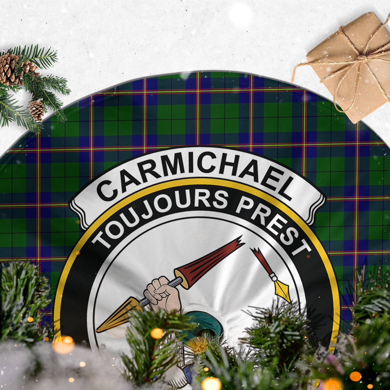 Carmichael Modern Tartan Christmas Tree Skirt with Family Crest - Tartanvibesclothing