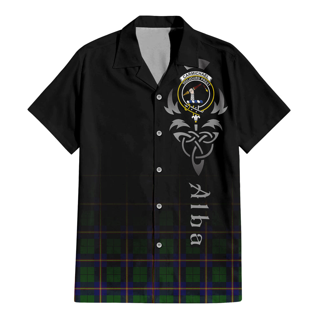 Tartan Vibes Clothing Carmichael Modern Tartan Short Sleeve Button Up Featuring Alba Gu Brath Family Crest Celtic Inspired