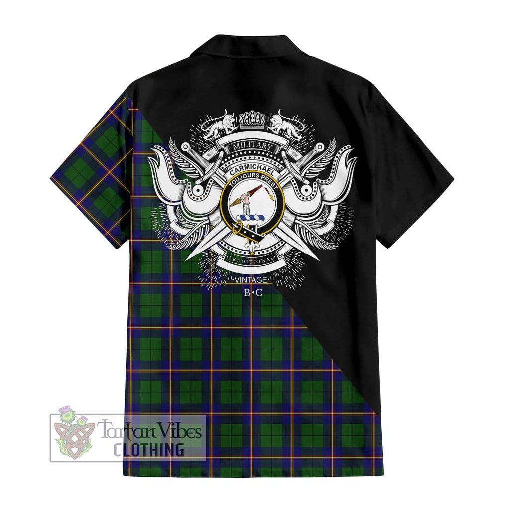 Carmichael Modern Tartan Short Sleeve Button Shirt with Family Crest and Military Logo Style - Tartanvibesclothing Shop