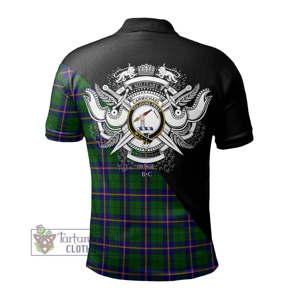 Carmichael Modern Tartan Polo Shirt with Family Crest and Military Logo Style - Tartanvibesclothing Shop