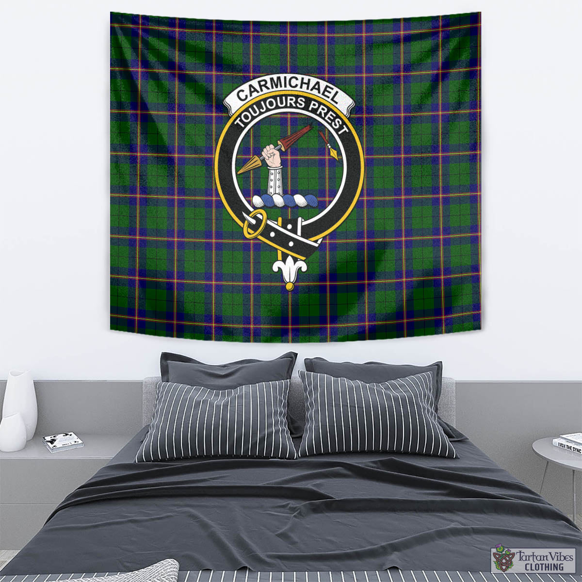 Tartan Vibes Clothing Carmichael Modern Tartan Tapestry Wall Hanging and Home Decor for Room with Family Crest