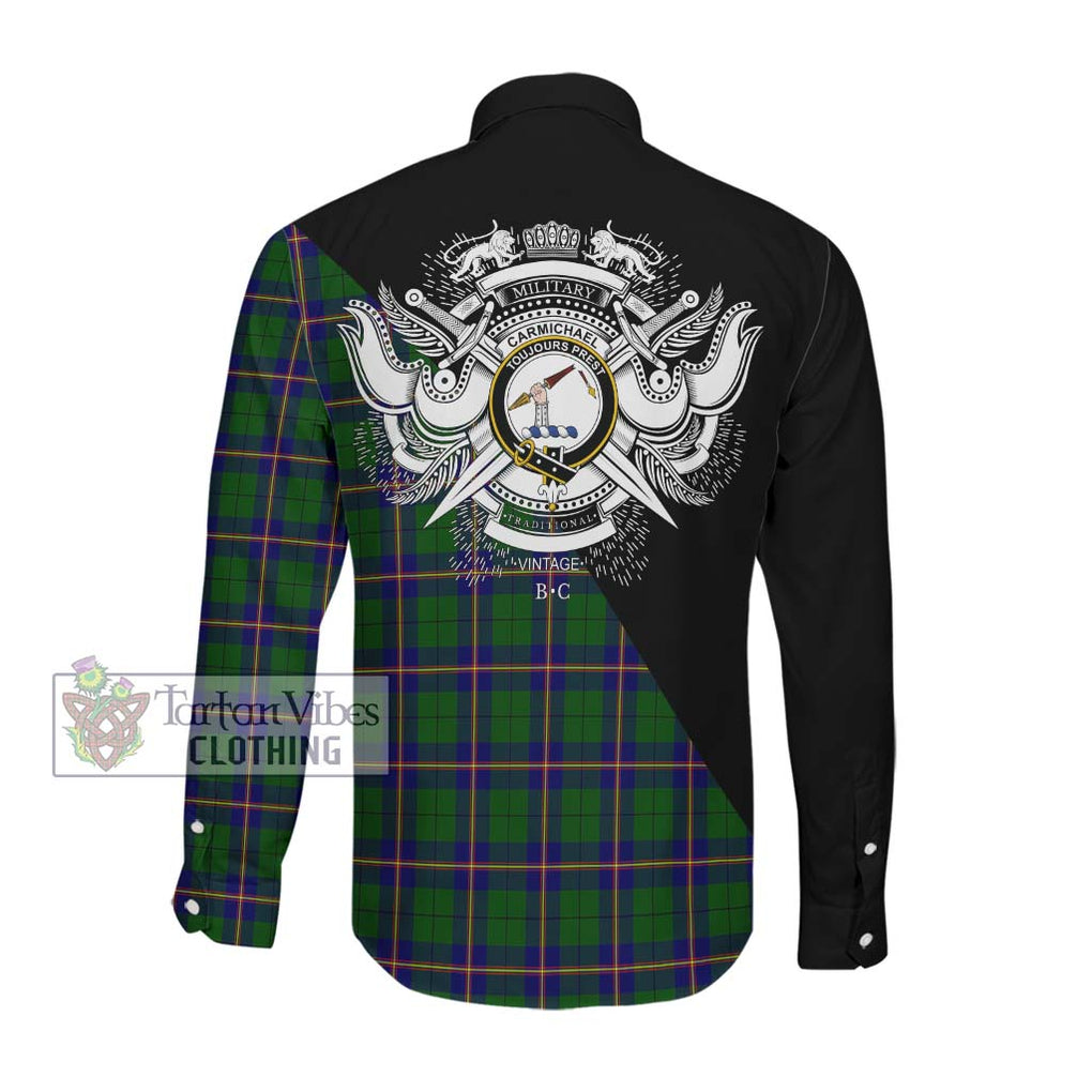 Carmichael Modern Tartan Long Sleeve Button Shirt with Family Crest and Military Logo Style Men's Shirt - Tartanvibesclothing Shop