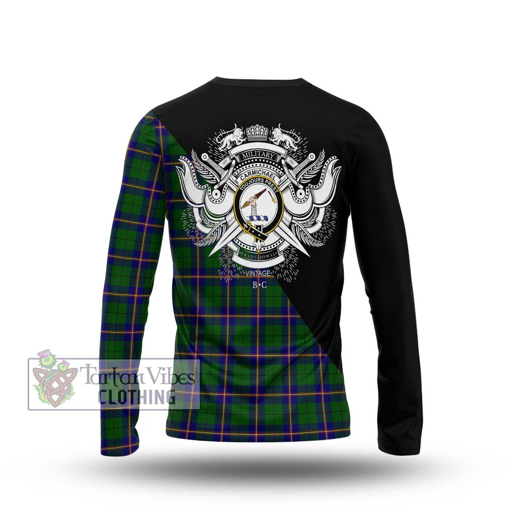 Carmichael Modern Tartan Long Sleeve T-Shirt with Family Crest and Military Logo Style - Tartanvibesclothing Shop