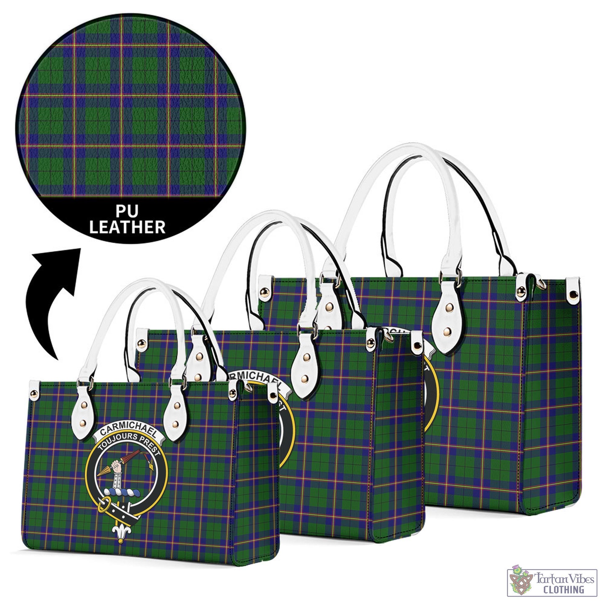 Tartan Vibes Clothing Carmichael Modern Tartan Luxury Leather Handbags with Family Crest