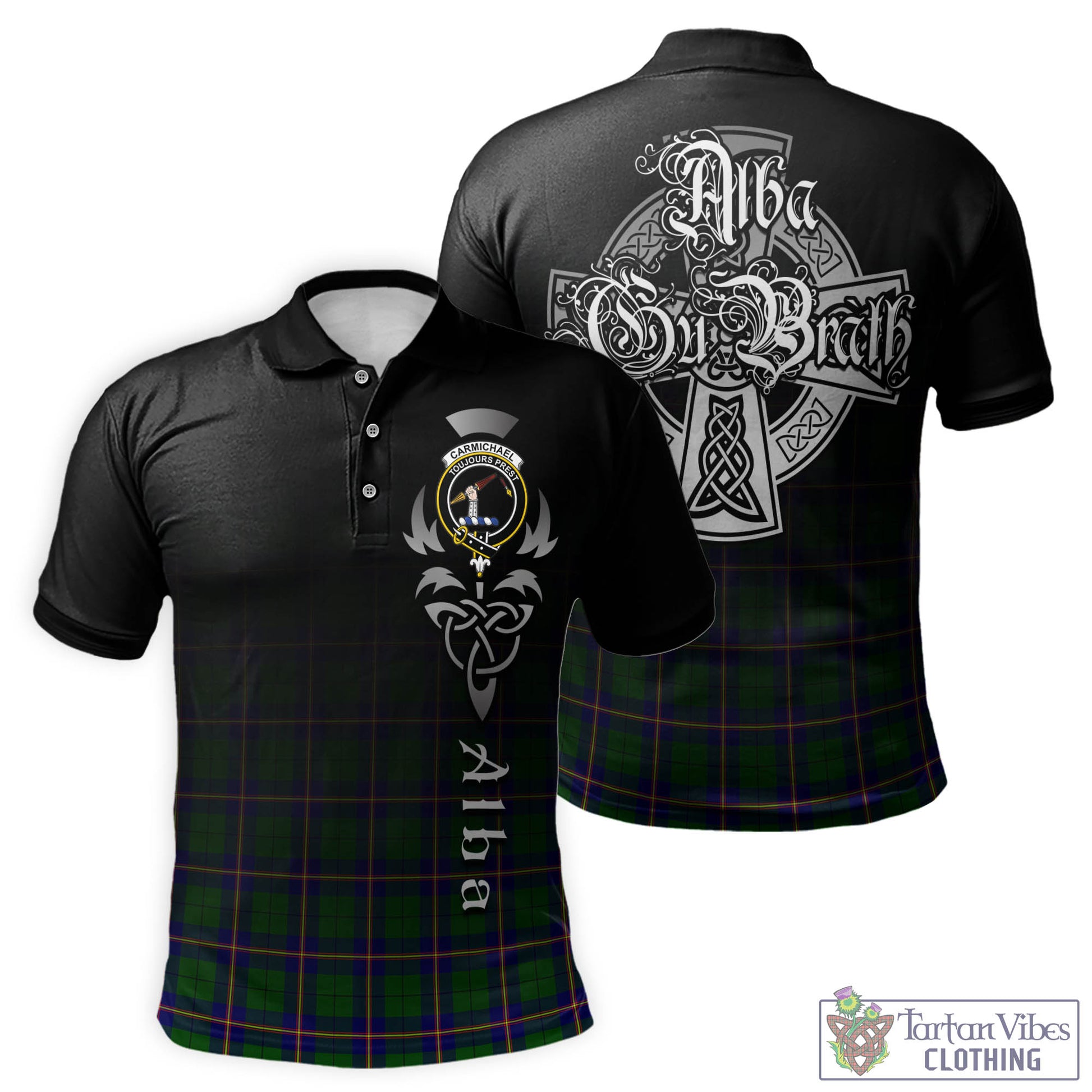 Tartan Vibes Clothing Carmichael Modern Tartan Polo Shirt Featuring Alba Gu Brath Family Crest Celtic Inspired