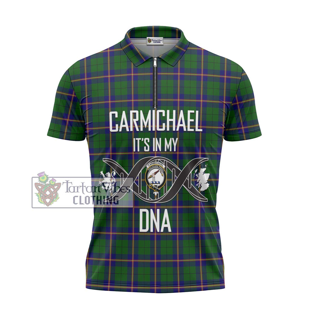 Carmichael Modern Tartan Zipper Polo Shirt with Family Crest DNA In Me Style - Tartanvibesclothing Shop