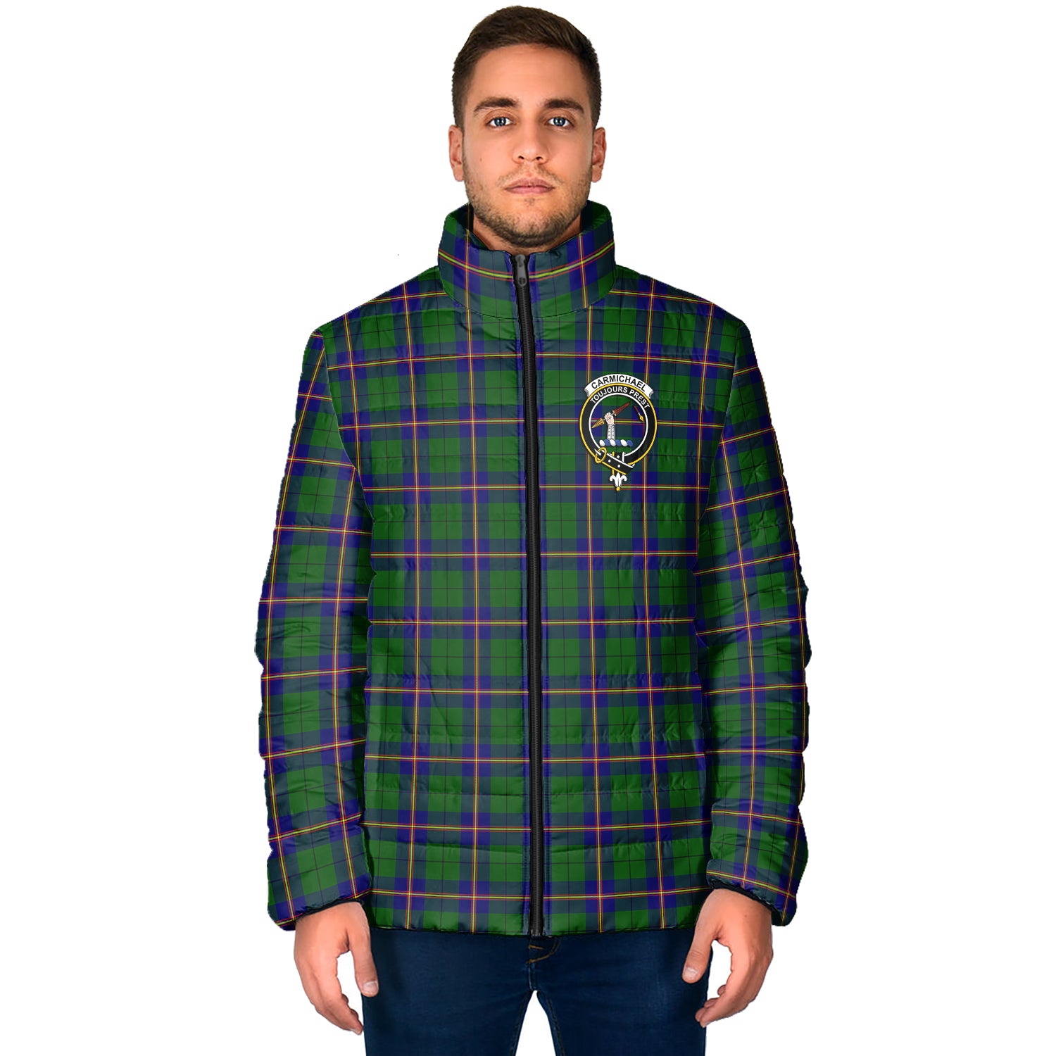 Carmichael Modern Tartan Padded Jacket with Family Crest - Tartan Vibes Clothing