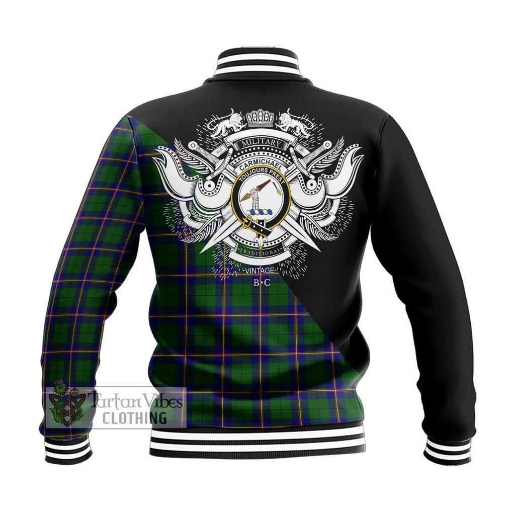 Carmichael Modern Tartan Baseball Jacket with Family Crest and Military Logo Style - Tartanvibesclothing Shop