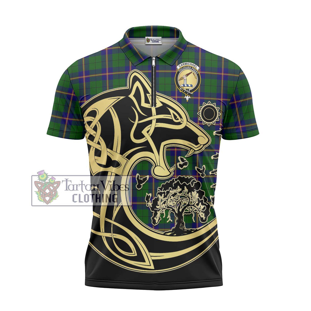 Carmichael Modern Tartan Zipper Polo Shirt with Family Crest Celtic Wolf Style - Tartanvibesclothing Shop