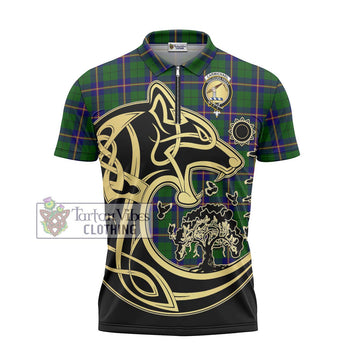 Carmichael Modern Tartan Zipper Polo Shirt with Family Crest Celtic Wolf Style