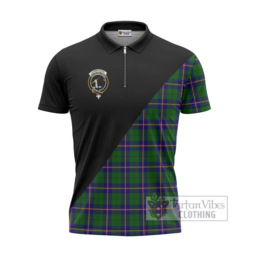 Carmichael Modern Tartan Zipper Polo Shirt with Family Crest and Military Logo Style - Tartanvibesclothing Shop