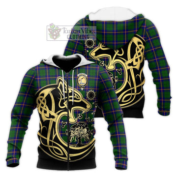 Carmichael Modern Tartan Knitted Hoodie with Family Crest Celtic Wolf Style