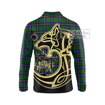 Carmichael Modern Tartan Long Sleeve Polo Shirt with Family Crest Celtic Wolf Style