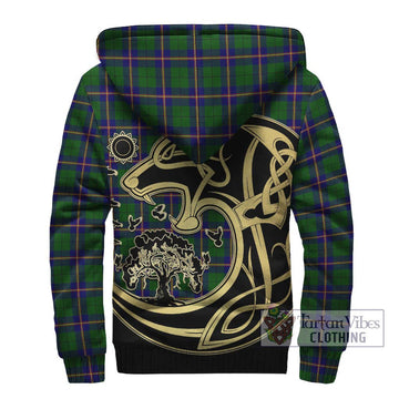 Carmichael Modern Tartan Sherpa Hoodie with Family Crest Celtic Wolf Style