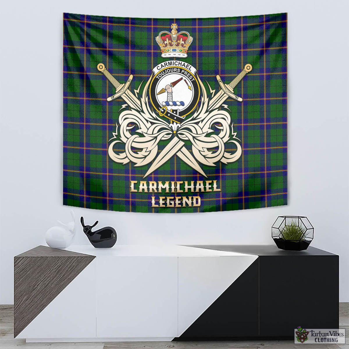 Tartan Vibes Clothing Carmichael Modern Tartan Tapestry with Clan Crest and the Golden Sword of Courageous Legacy