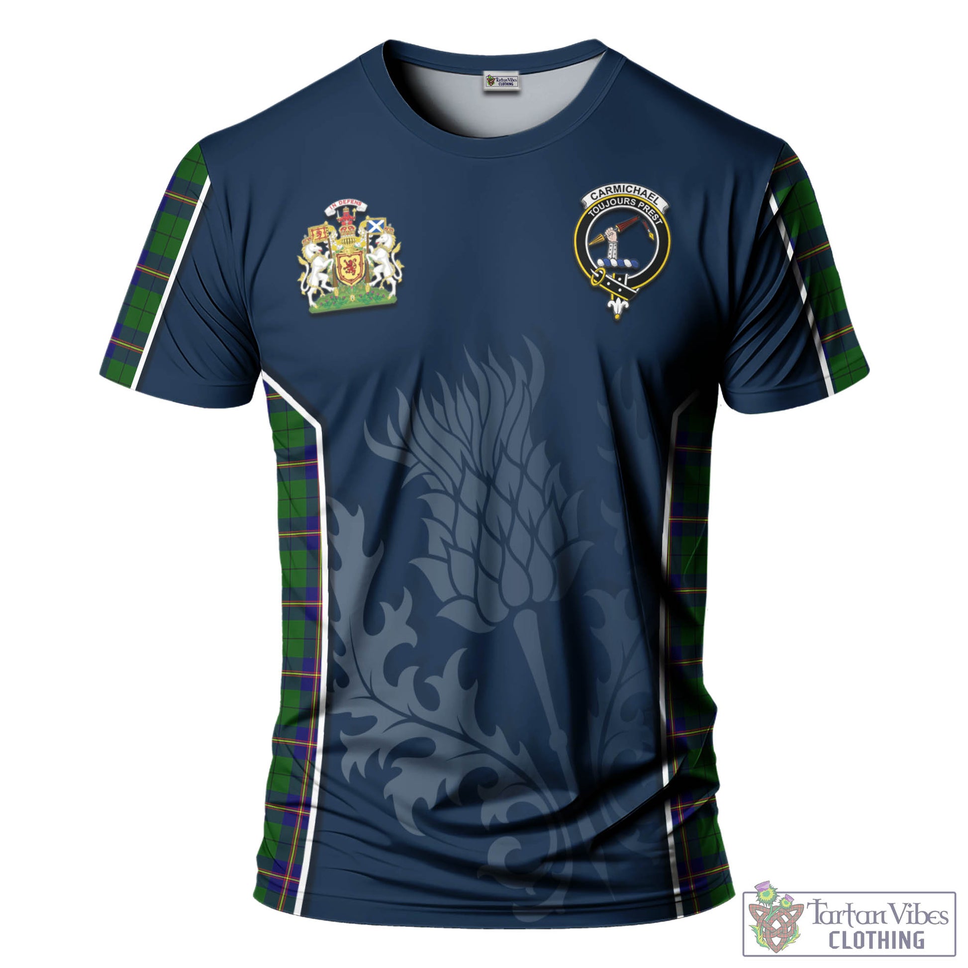 Tartan Vibes Clothing Carmichael Modern Tartan T-Shirt with Family Crest and Scottish Thistle Vibes Sport Style