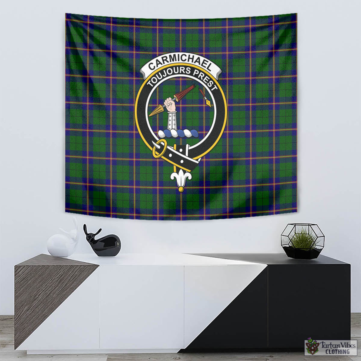 Tartan Vibes Clothing Carmichael Modern Tartan Tapestry Wall Hanging and Home Decor for Room with Family Crest