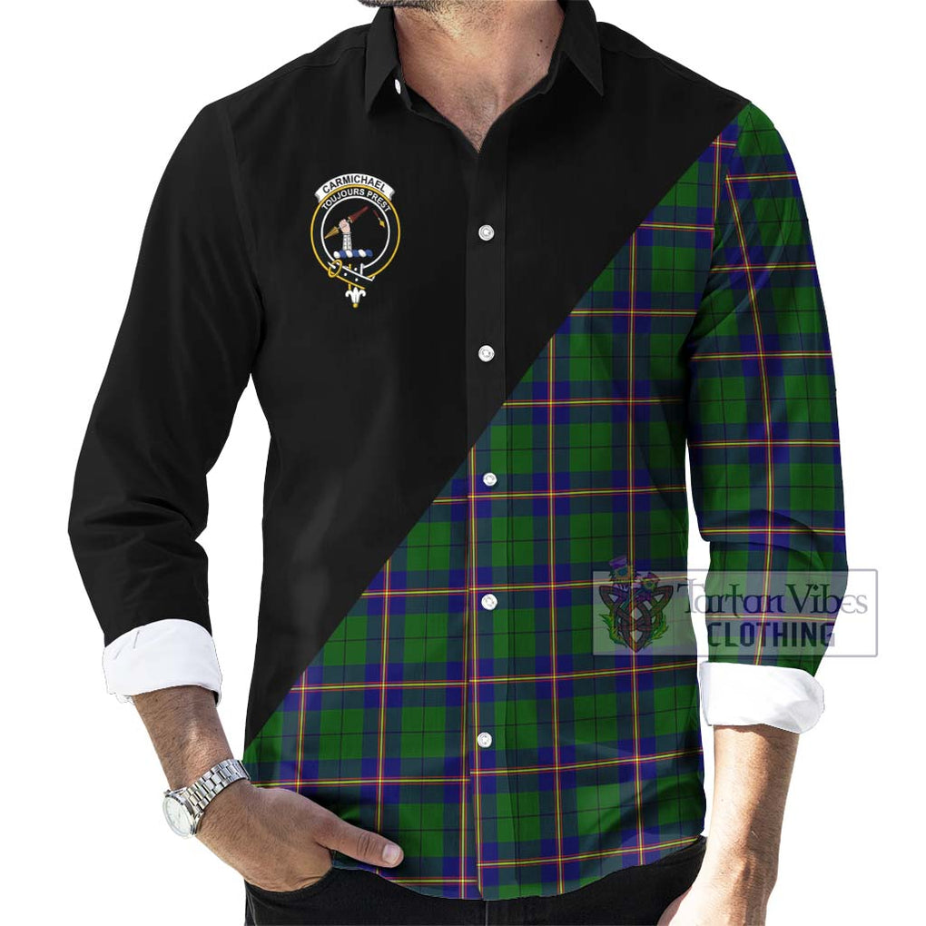 Carmichael Modern Tartan Long Sleeve Button Shirt with Family Crest and Military Logo Style - Tartanvibesclothing Shop