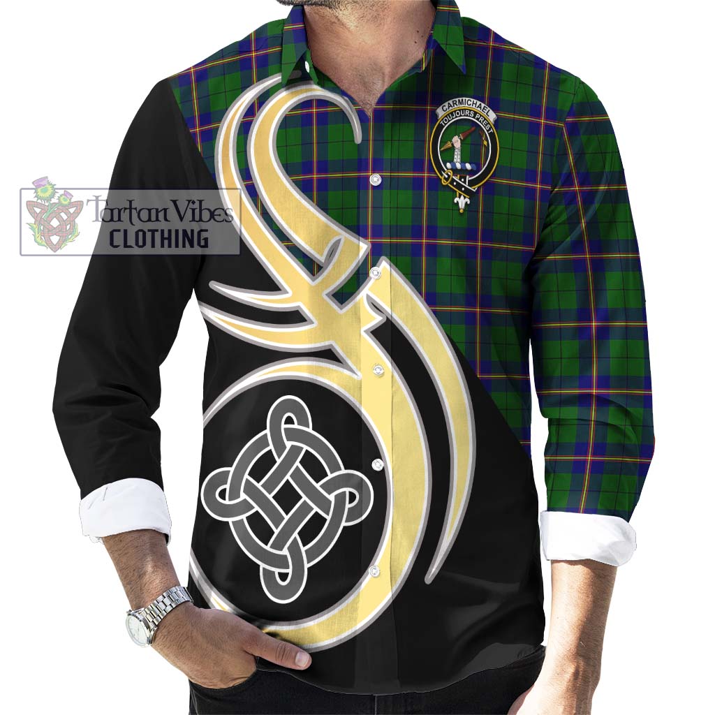 Carmichael Modern Tartan Long Sleeve Button Shirt with Family Crest and Celtic Symbol Style - Tartan Vibes Clothing