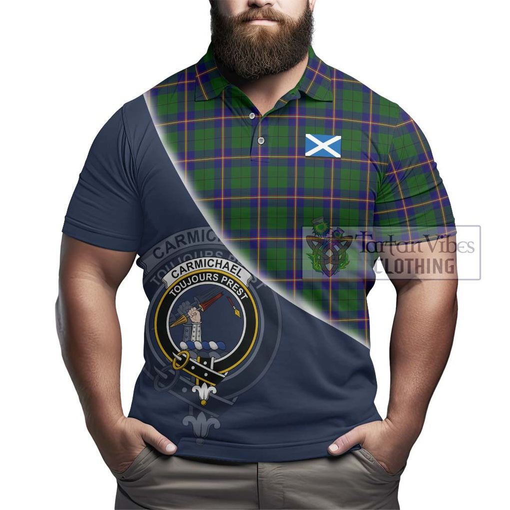 Carmichael Modern Tartan Polo Shirt with Personalised National Flag and Family Crest Half Style - Tartanvibesclothing Shop