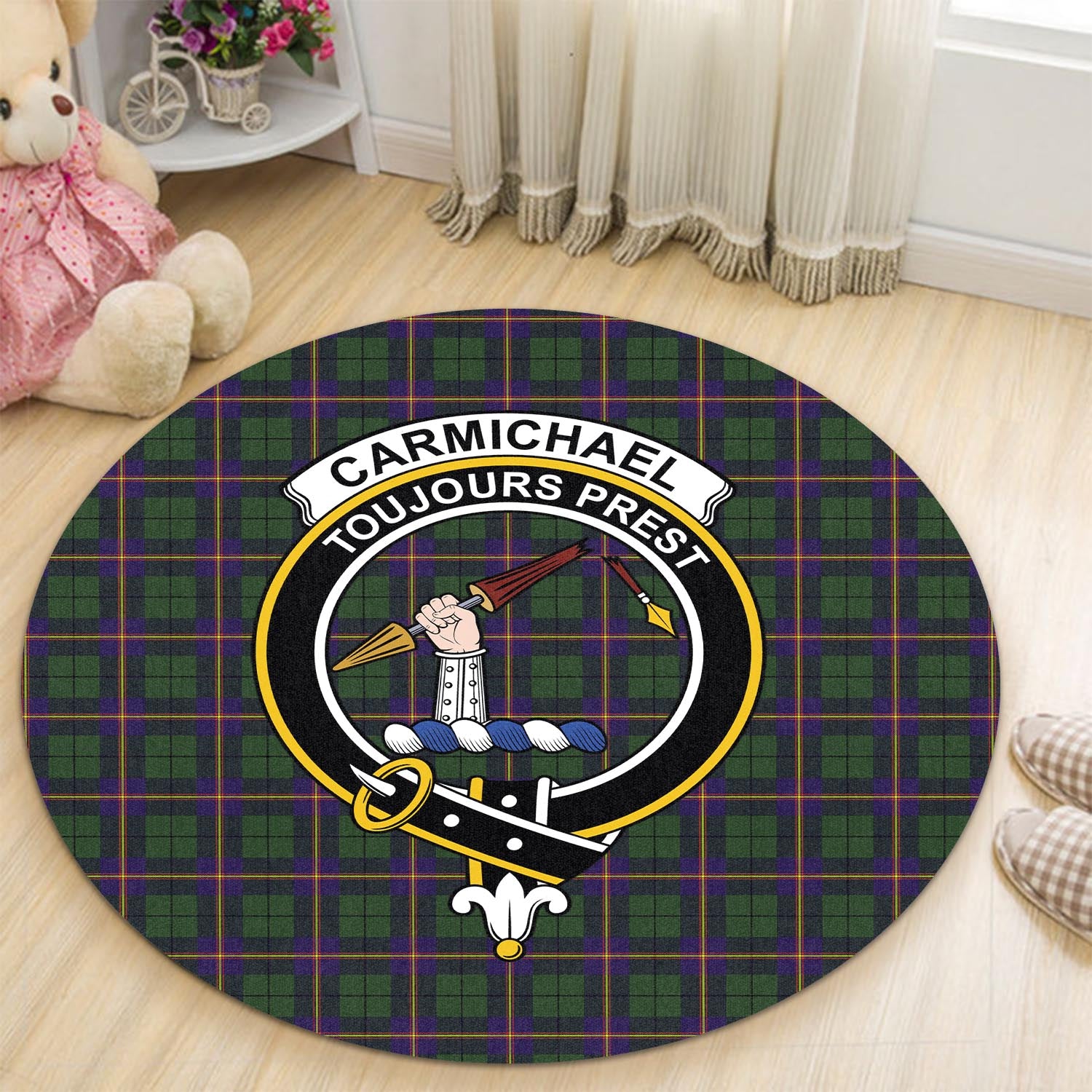 Carmichael Modern Tartan Round Rug with Family Crest - Tartanvibesclothing