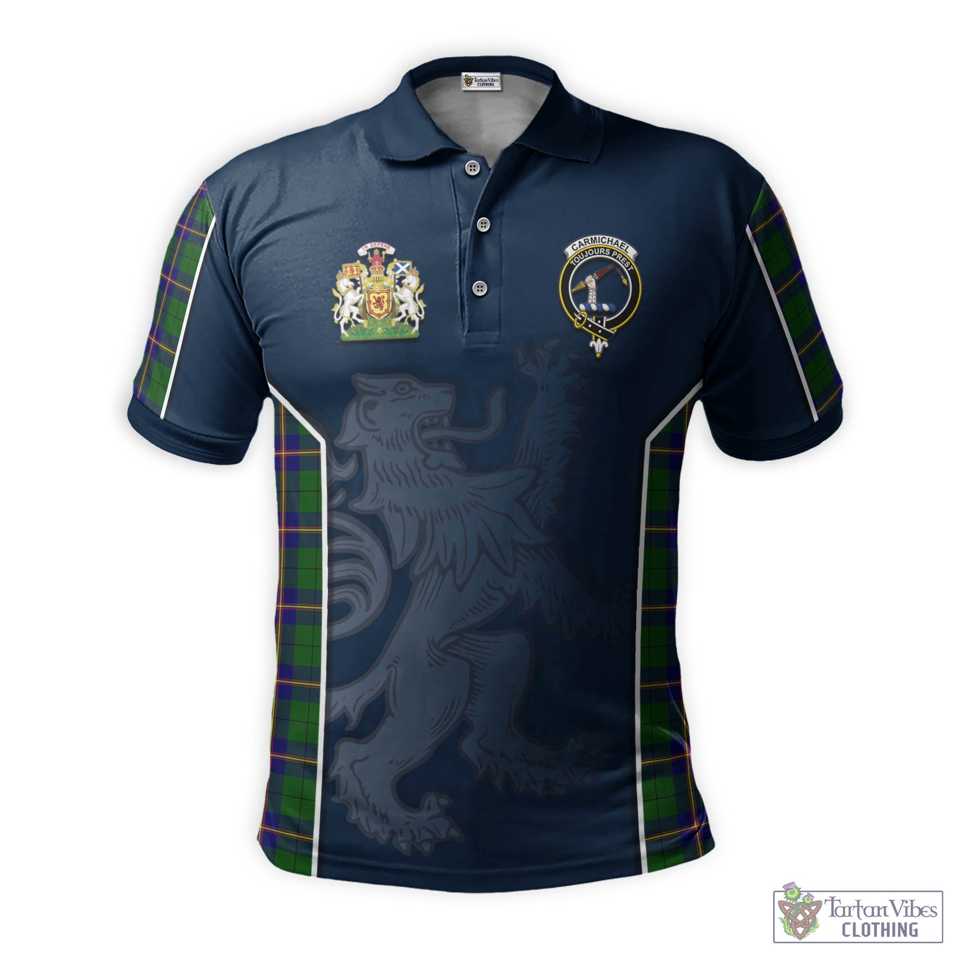 Tartan Vibes Clothing Carmichael Modern Tartan Men's Polo Shirt with Family Crest and Lion Rampant Vibes Sport Style