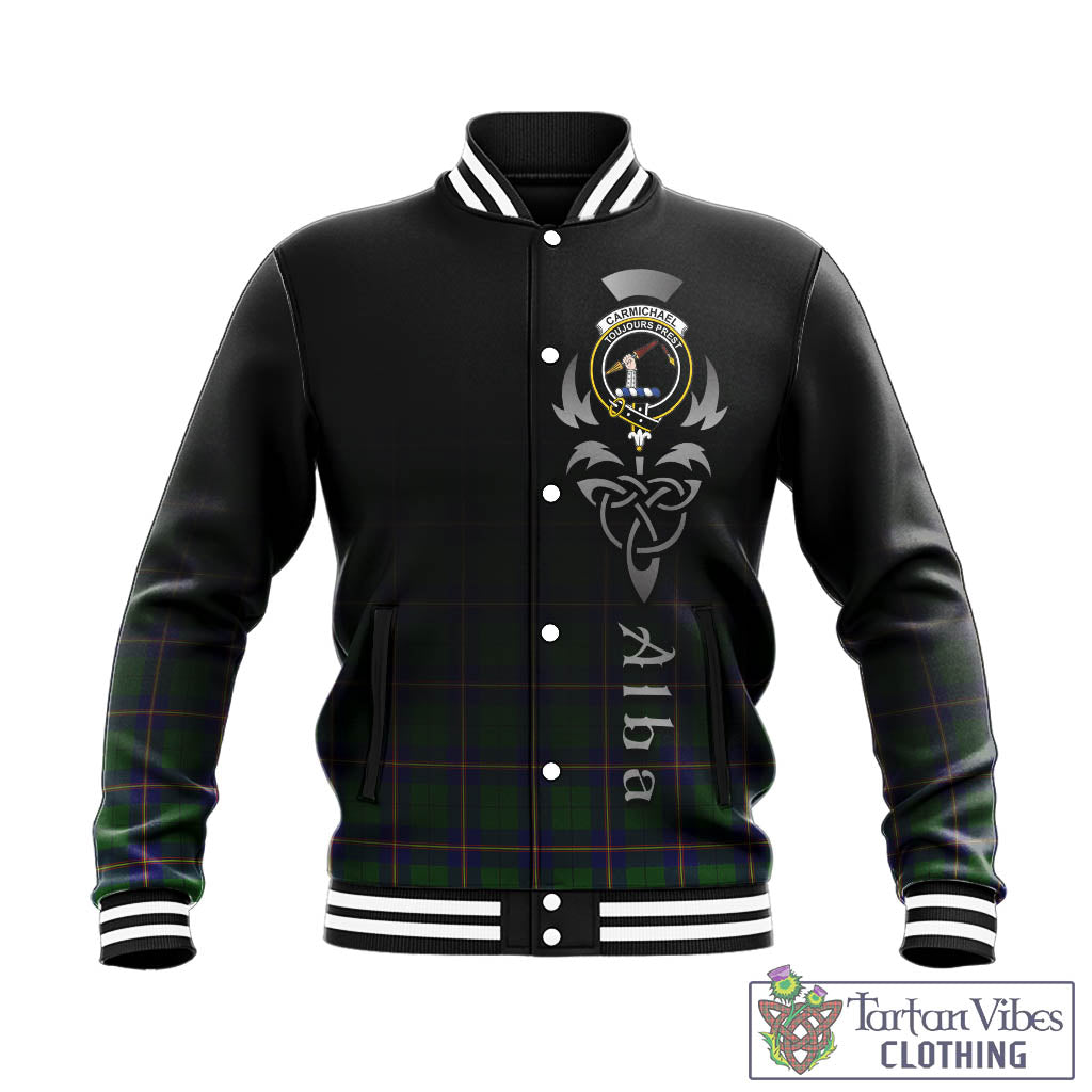 Tartan Vibes Clothing Carmichael Modern Tartan Baseball Jacket Featuring Alba Gu Brath Family Crest Celtic Inspired