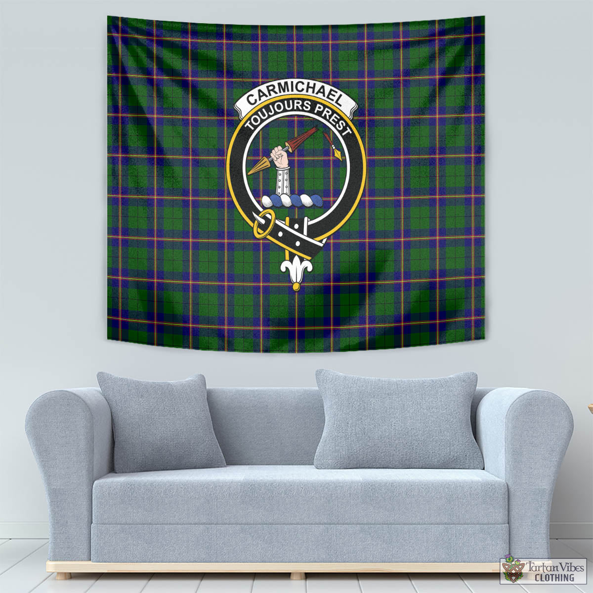 Tartan Vibes Clothing Carmichael Modern Tartan Tapestry Wall Hanging and Home Decor for Room with Family Crest