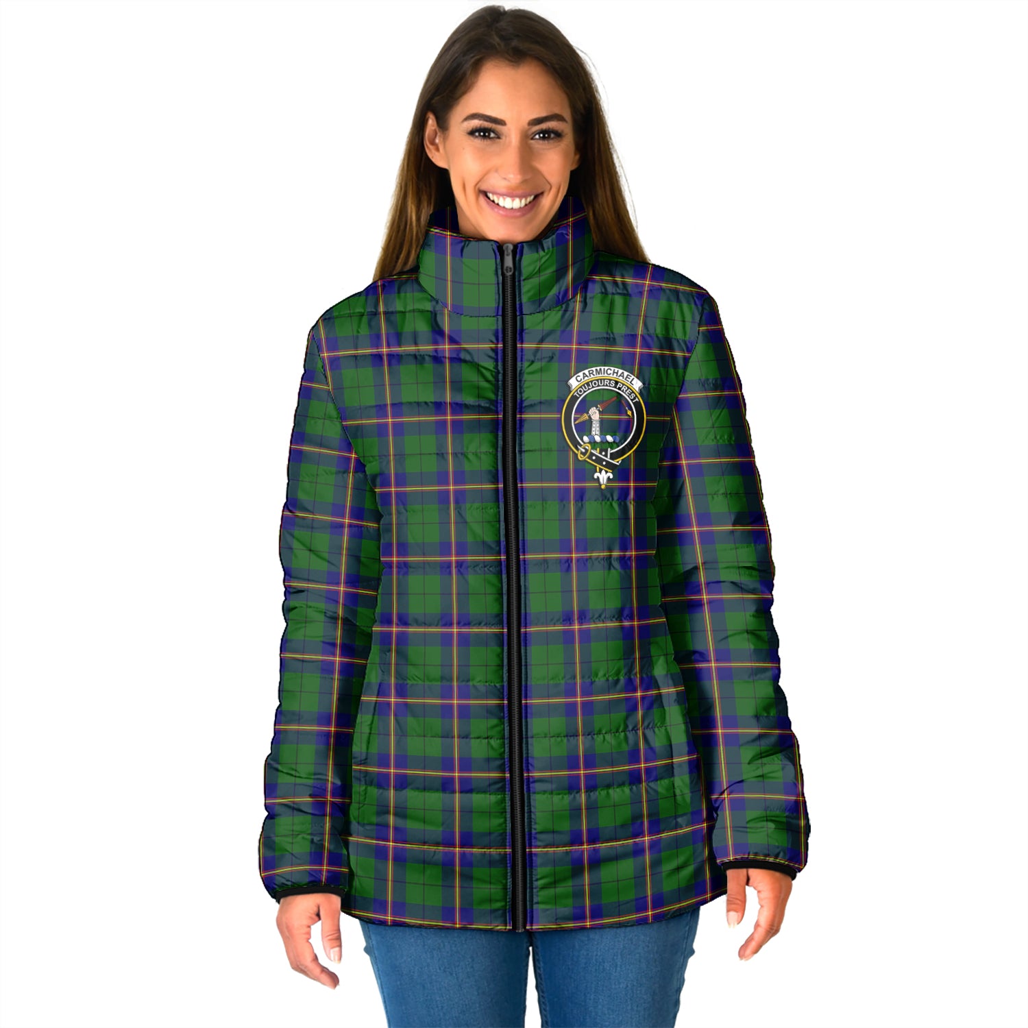 Carmichael Modern Tartan Padded Jacket with Family Crest - Tartan Vibes Clothing