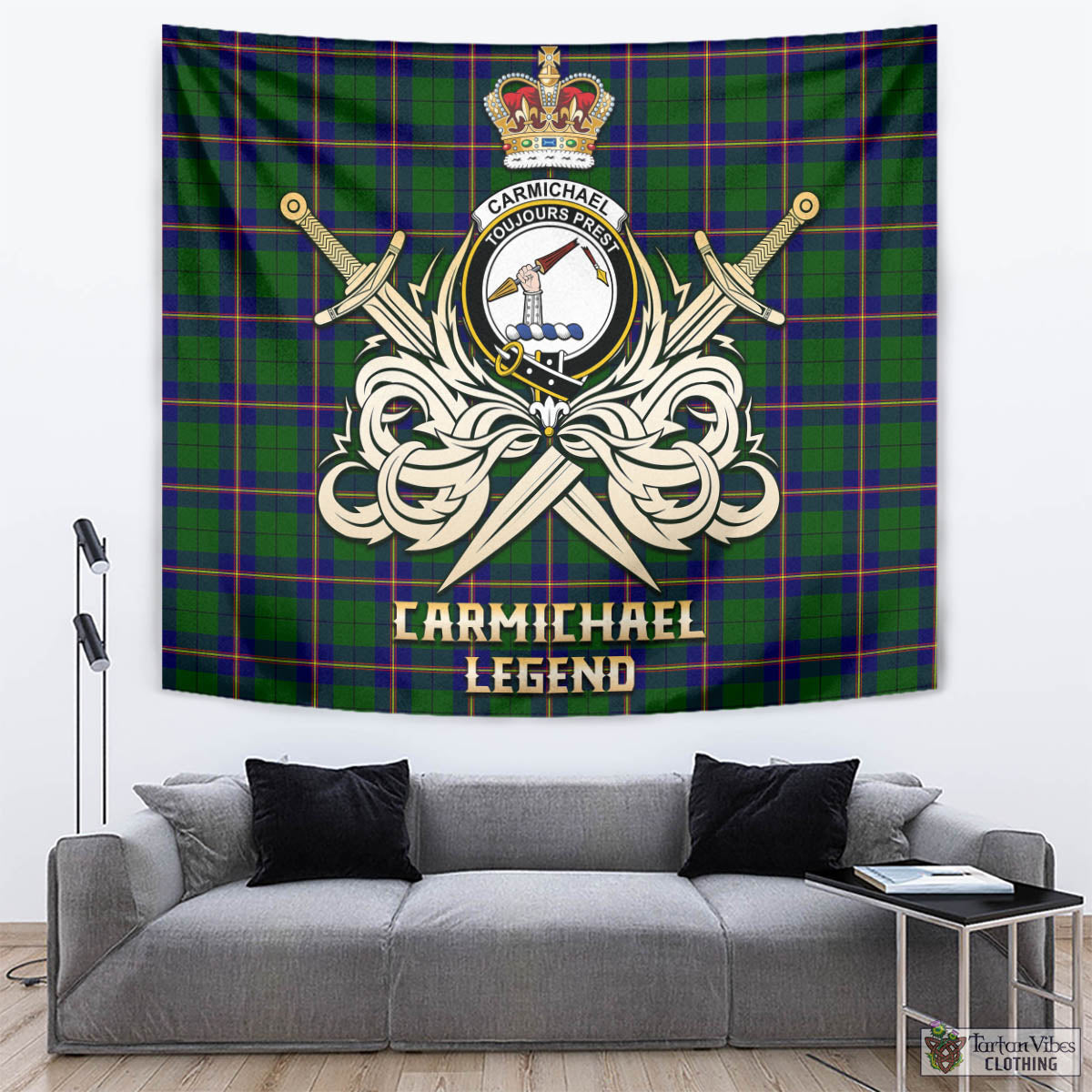 Tartan Vibes Clothing Carmichael Modern Tartan Tapestry with Clan Crest and the Golden Sword of Courageous Legacy