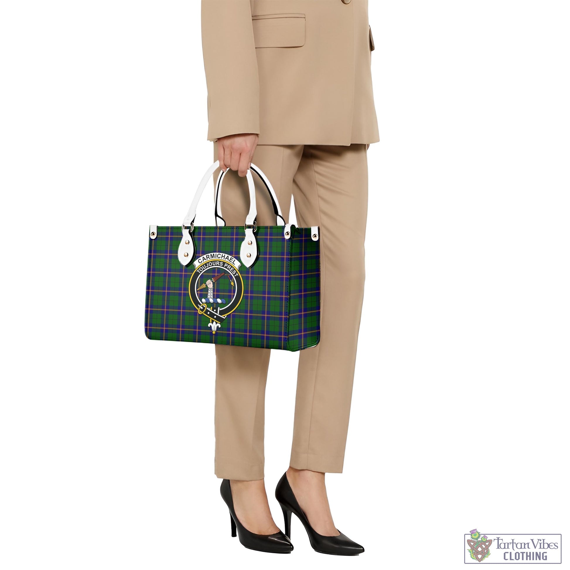 Tartan Vibes Clothing Carmichael Modern Tartan Luxury Leather Handbags with Family Crest