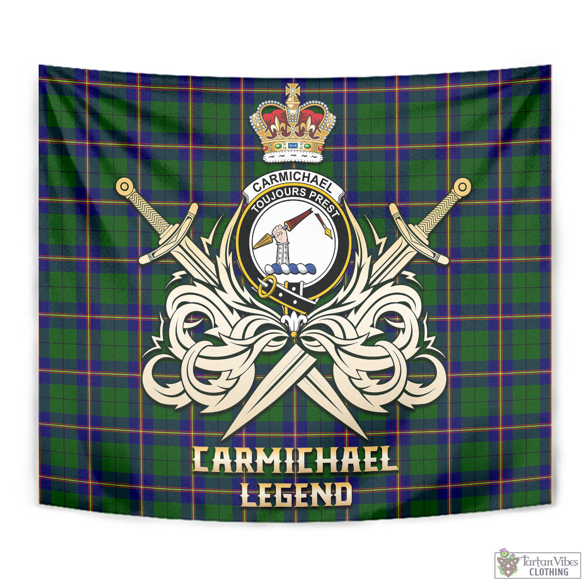 Tartan Vibes Clothing Carmichael Modern Tartan Tapestry with Clan Crest and the Golden Sword of Courageous Legacy