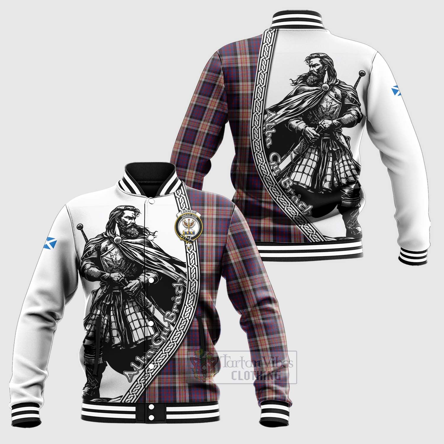 Tartan Vibes Clothing Carnegie Tartan Clan Crest Baseball Jacket with Highlander Warrior Celtic Style