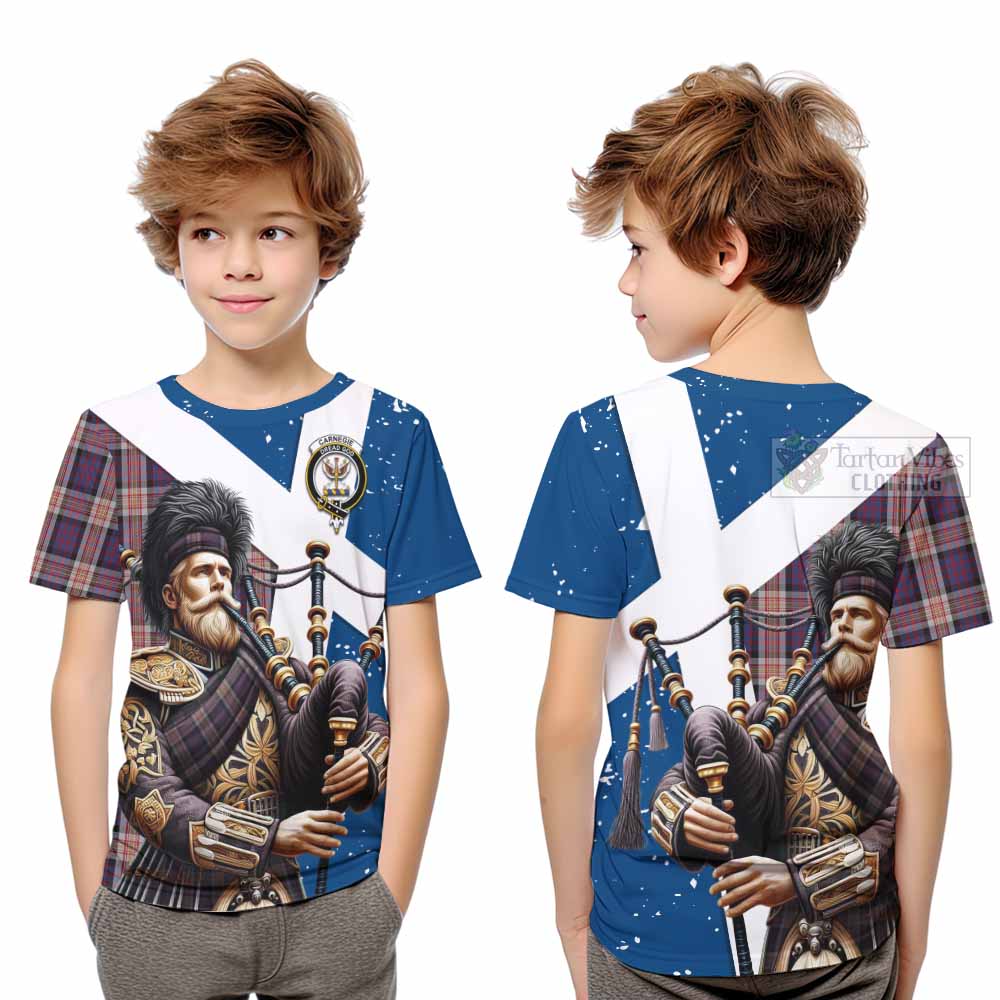 Tartan Vibes Clothing Carnegie Tartan Kid T-Shirt with Family Crest Scottish Bagpiper Vibes