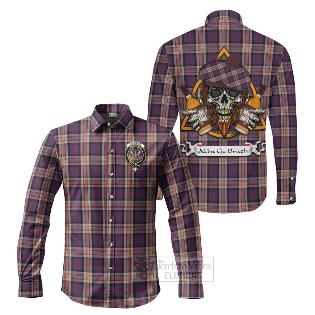 Tartan Vibes Clothing Carnegie Tartan Long Sleeve Button Shirt with Family Crest and Bearded Skull Holding Bottles of Whiskey