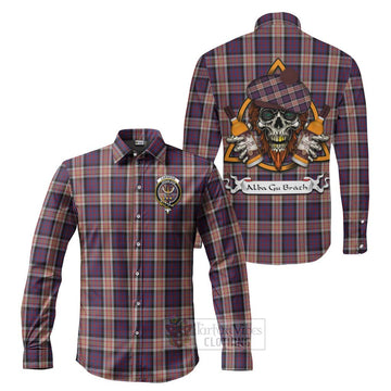 Carnegie Tartan Long Sleeve Button Shirt with Family Crest and Bearded Skull Holding Bottles of Whiskey