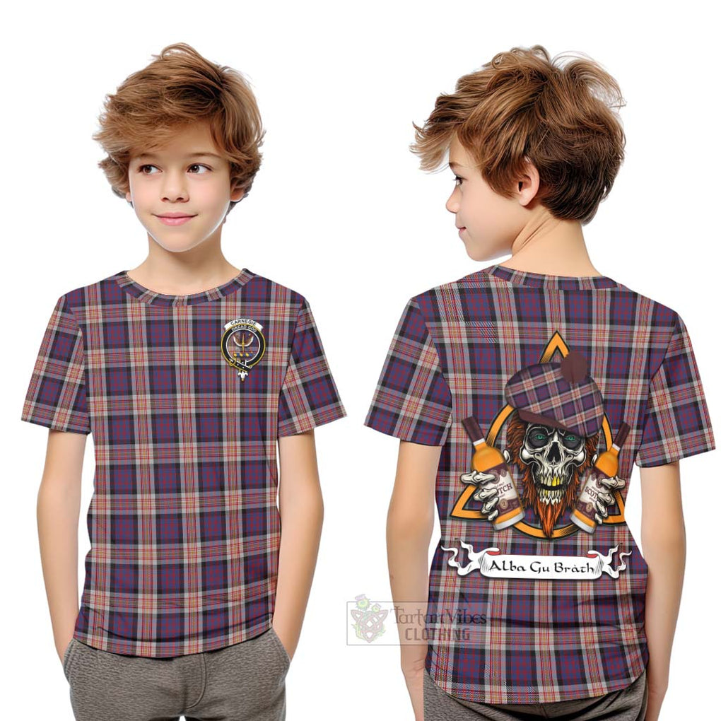 Tartan Vibes Clothing Carnegie Tartan Kid T-Shirt with Family Crest and Bearded Skull Holding Bottles of Whiskey