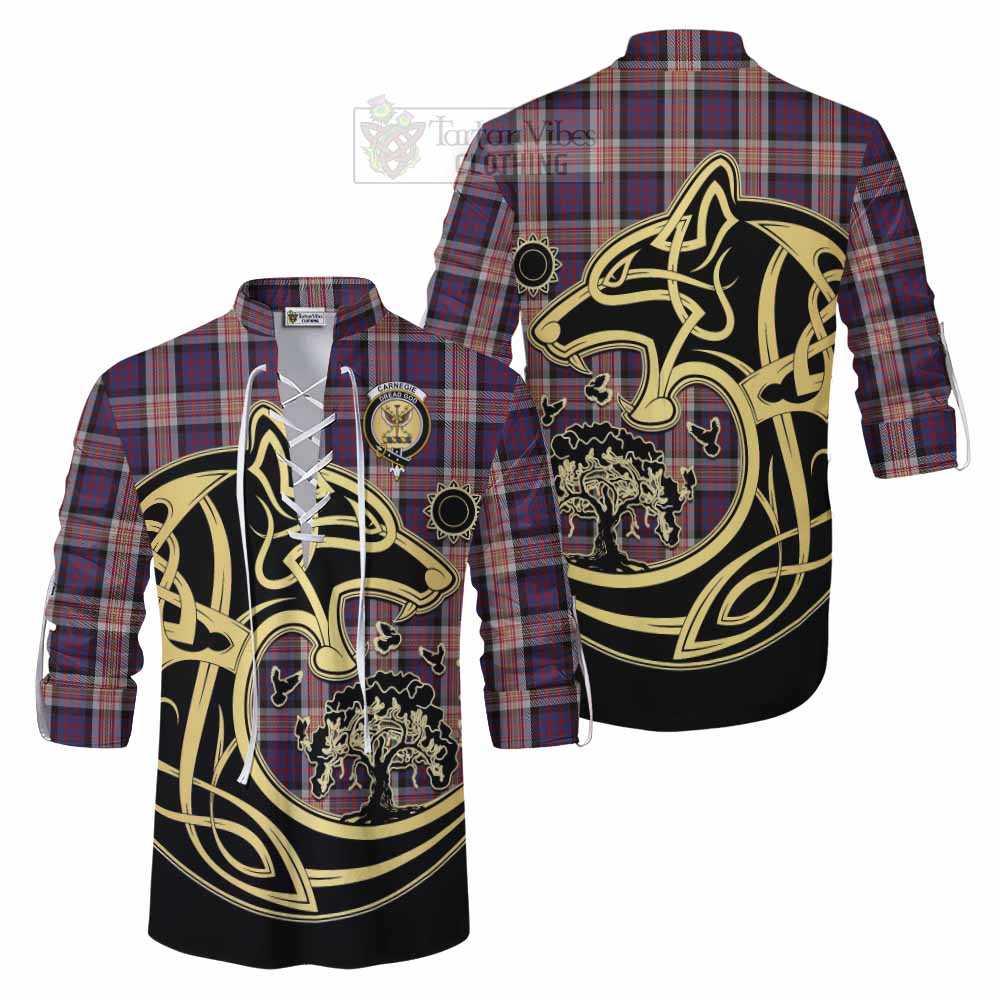 Tartan Vibes Clothing Carnegie Tartan Ghillie Kilt Shirt with Family Crest Celtic Wolf Style