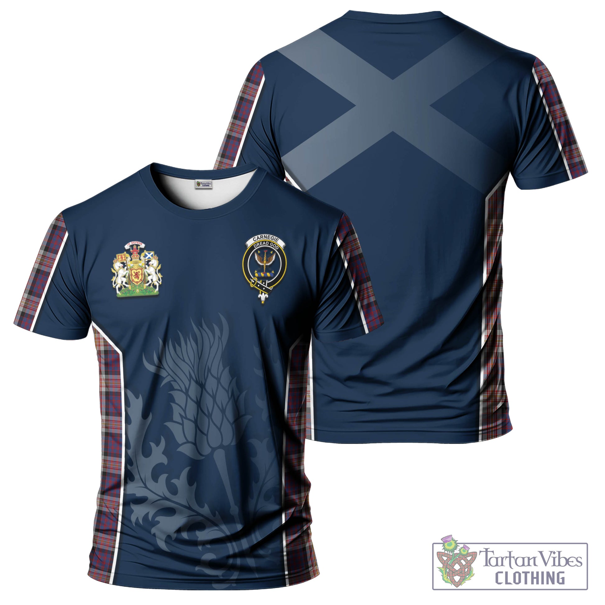 Tartan Vibes Clothing Carnegie Tartan T-Shirt with Family Crest and Scottish Thistle Vibes Sport Style