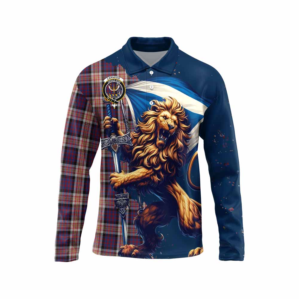 Tartan Vibes Clothing Carnegie Tartan Family Crest Long Sleeve Polo Shirt with Scottish Majestic Lion