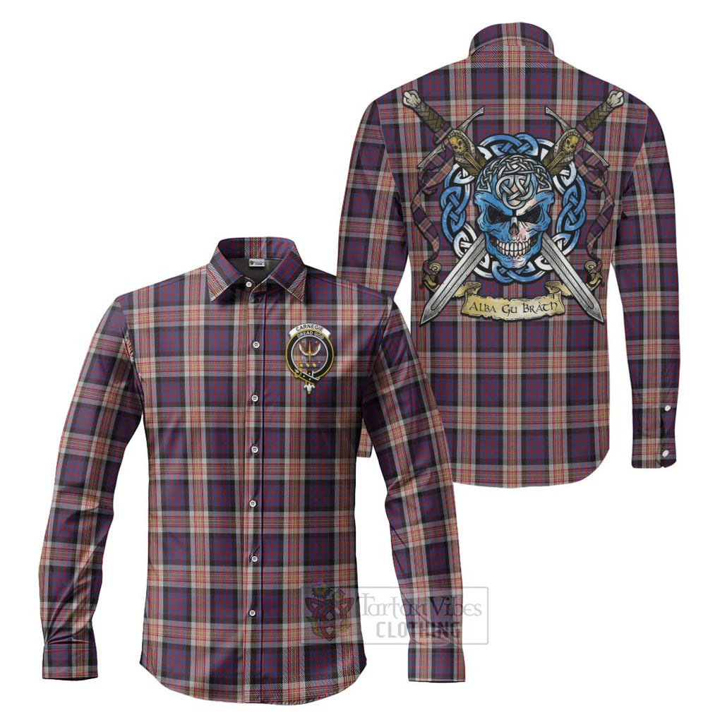 Tartan Vibes Clothing Carnegie Tartan Long Sleeve Button Shirt with Family Crest Celtic Skull Style