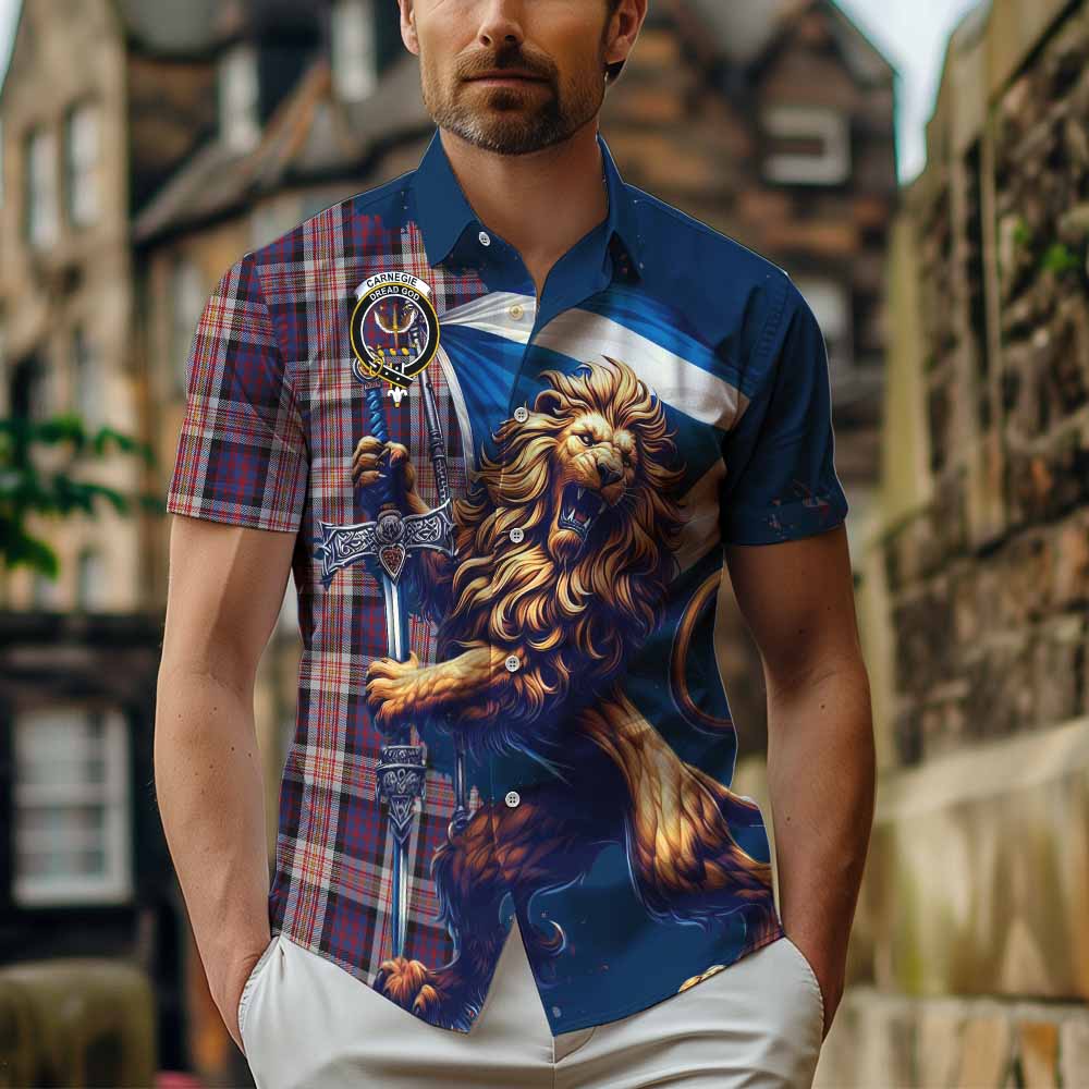 Tartan Vibes Clothing Carnegie Tartan Family Crest Short Sleeve Button Shirt with Scottish Majestic Lion