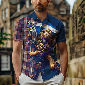 Carnegie Tartan Family Crest Short Sleeve Button Shirt with Scottish Majestic Lion