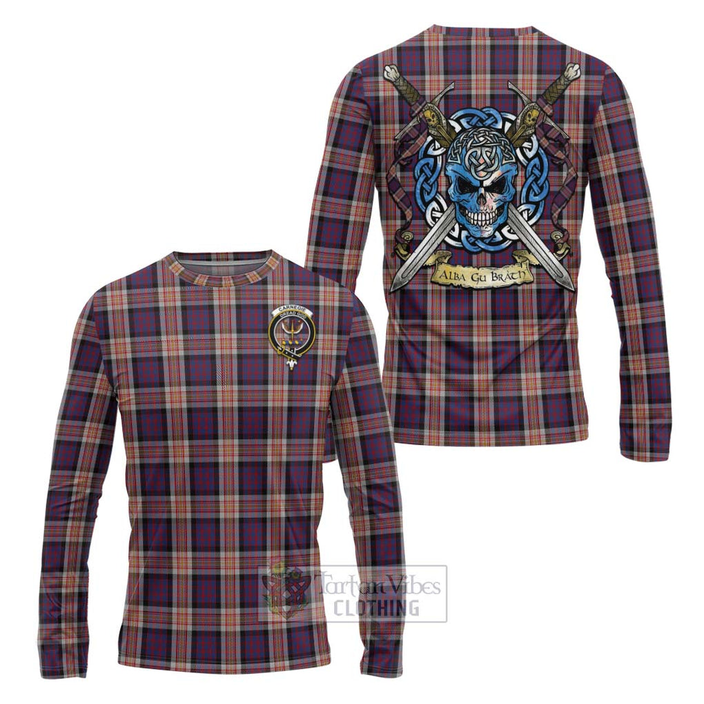 Tartan Vibes Clothing Carnegie Tartan Long Sleeve T-Shirt with Family Crest Celtic Skull Style