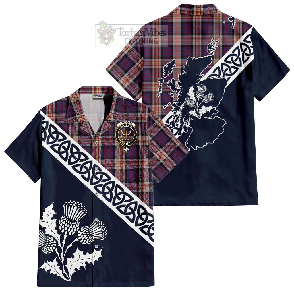 Tartan Vibes Clothing Carnegie Tartan Short Sleeve Button Shirt Featuring Thistle and Scotland Map