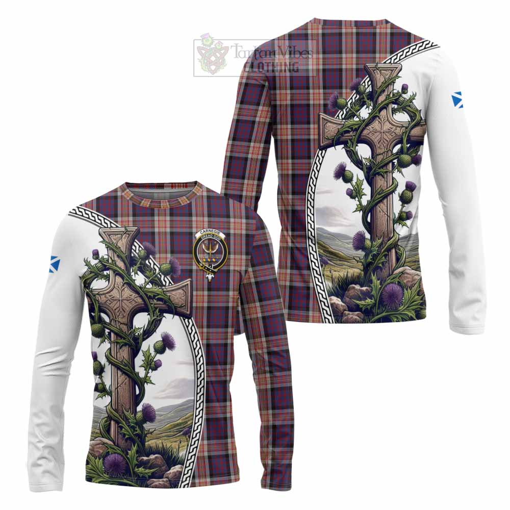 Tartan Vibes Clothing Carnegie Tartan Long Sleeve T-Shirt with Family Crest and St. Andrew's Cross Accented by Thistle Vines