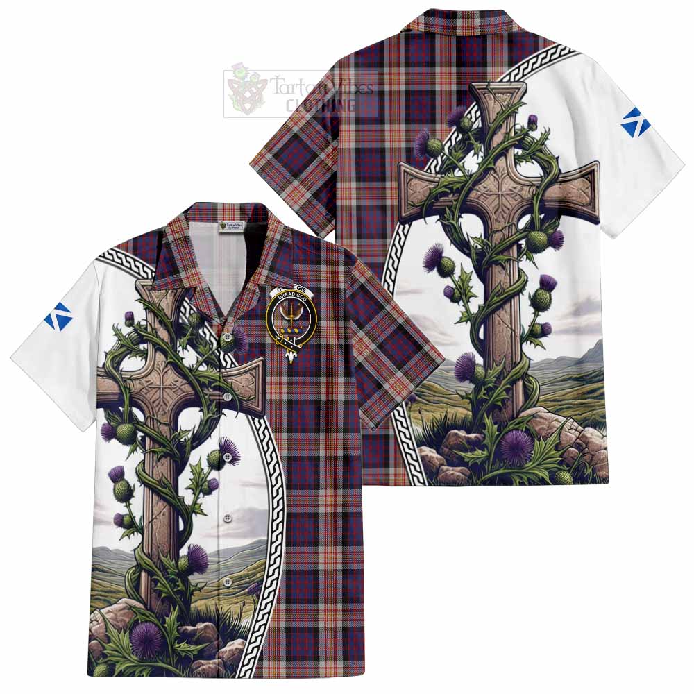 Tartan Vibes Clothing Carnegie Tartan Short Sleeve Button Shirt with Family Crest and St. Andrew's Cross Accented by Thistle Vines