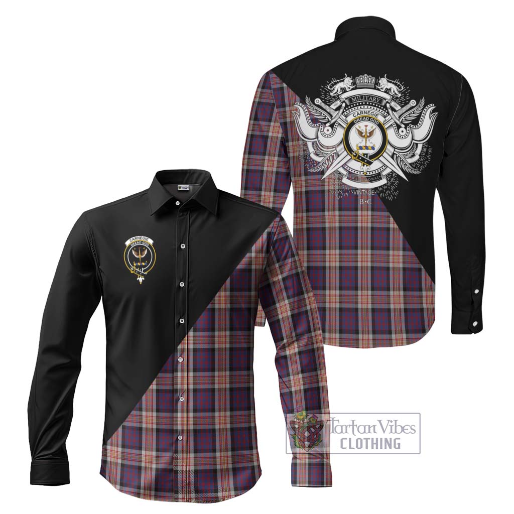 Tartan Vibes Clothing Carnegie Tartan Long Sleeve Button Shirt with Family Crest and Military Logo Style