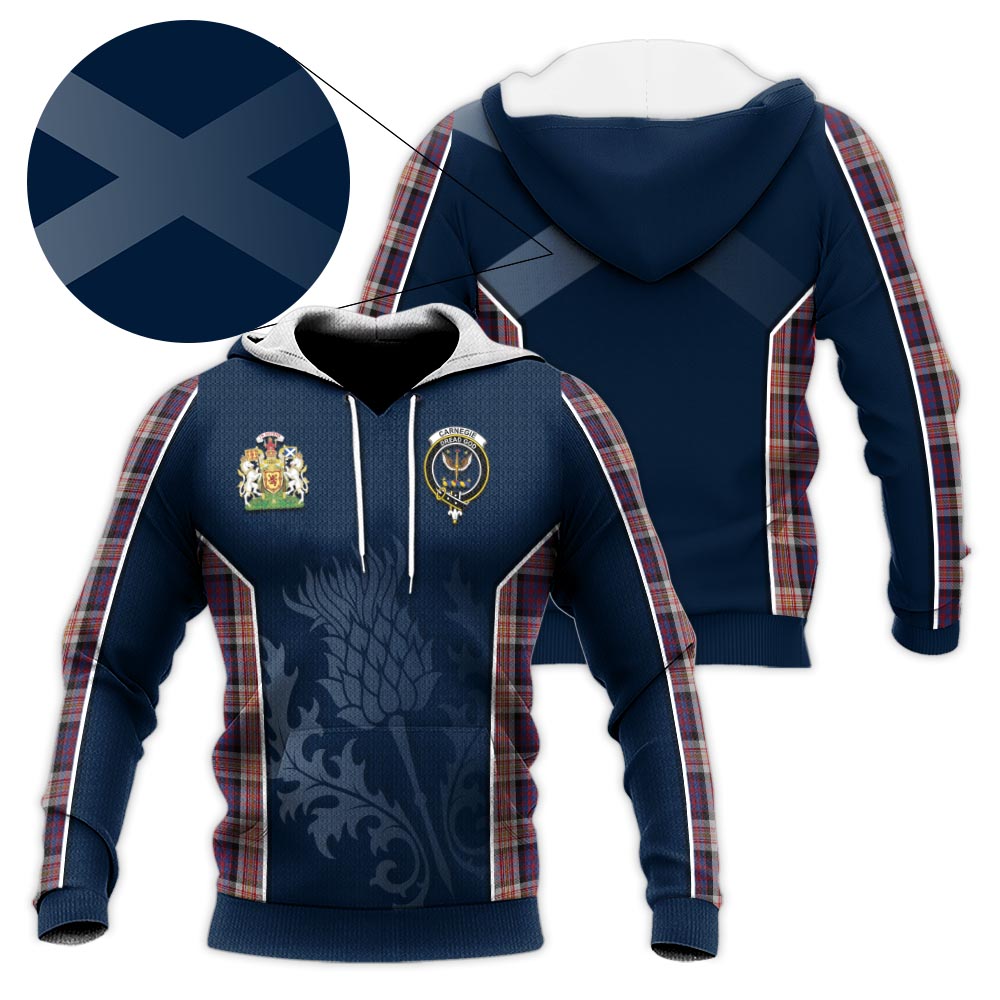 Tartan Vibes Clothing Carnegie Tartan Knitted Hoodie with Family Crest and Scottish Thistle Vibes Sport Style